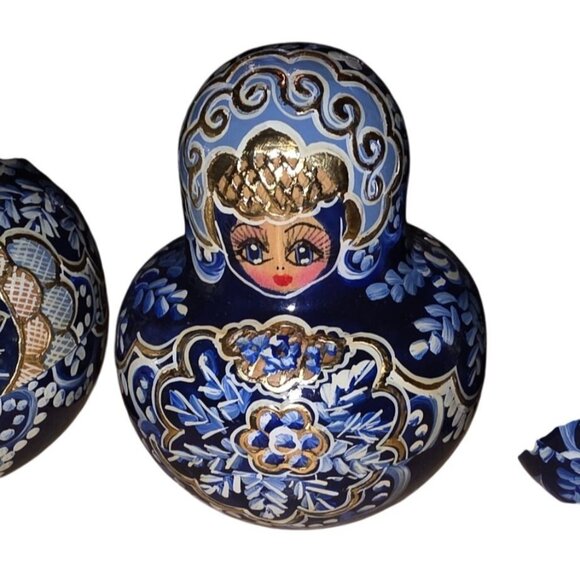 8 Nesting Dolls Russian Matryoshka Blue Gold Hand-Painted Artisan Signed - Picture 5 of 16